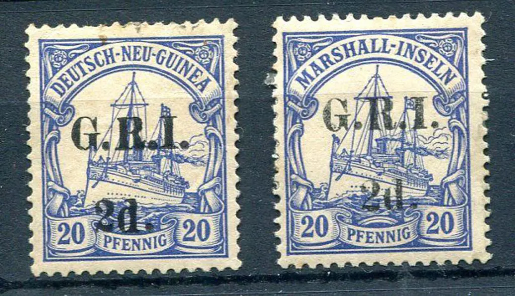 1914 20pf Marshall Islands with "G.R.I. 2d. " ovpt ... Image 1++