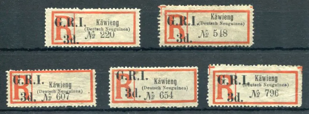 1915 "Kawieng" black & red registration labels x 5 ... Image 1++