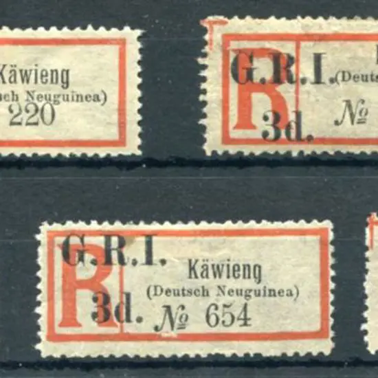1915 "Kawieng" black & red registration labels x 5 ...