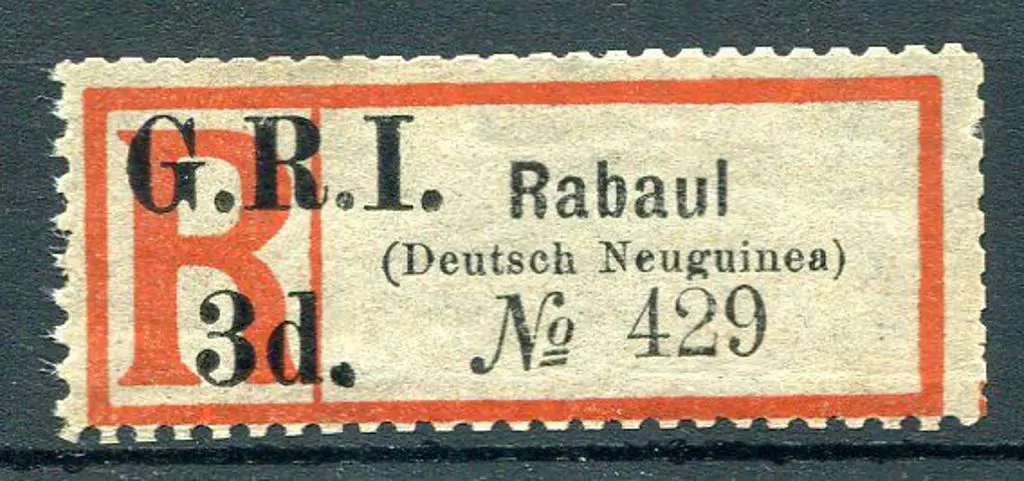 1915 "Rabaul" black & red registration label in ... Image 1++