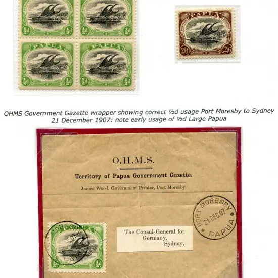1907/10 ½d block of 4 & 2/6d single "large Papua" ...