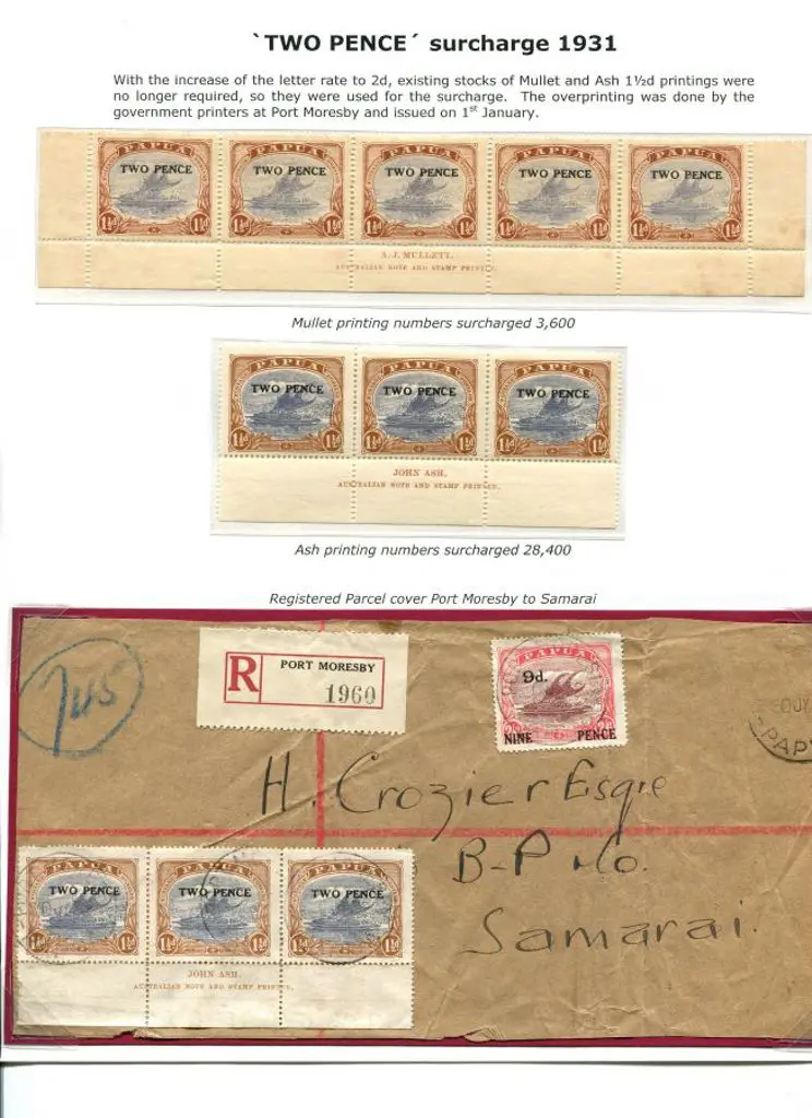 1931 "TWO PENCE" surcharged Mullett imprint strip ... Image 1++