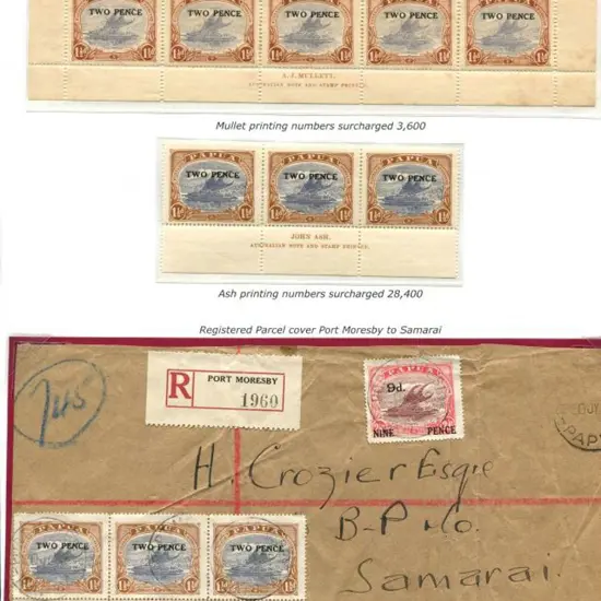 1931 "TWO PENCE" surcharged Mullett imprint strip ...