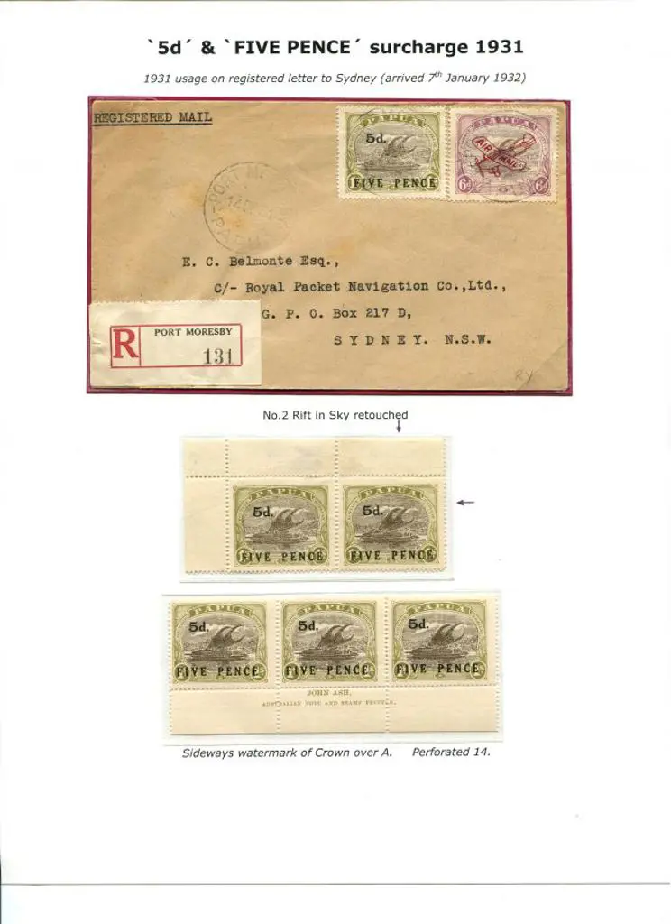 1931 "5d. & FIVEPENCE" surcharge top left pair ... Image 1++