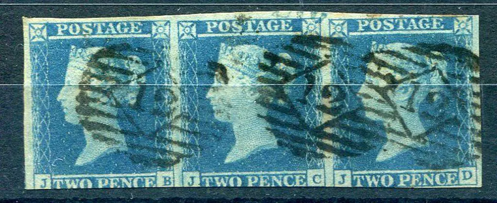 1841 2d blue imperf horizontal strip of 3 lettered ... Image 1++