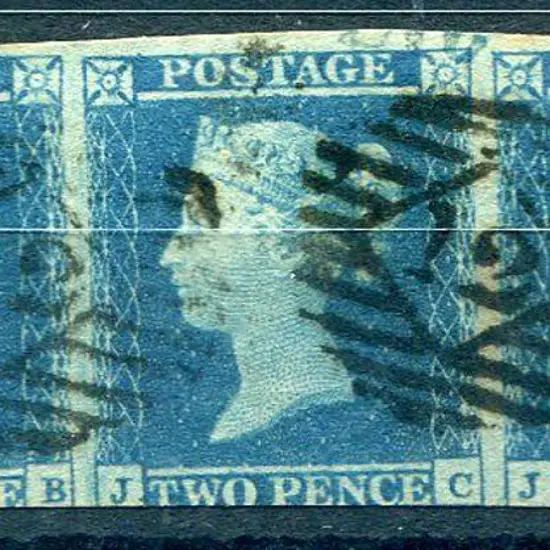 1841 2d blue imperf horizontal strip of 3 lettered ...