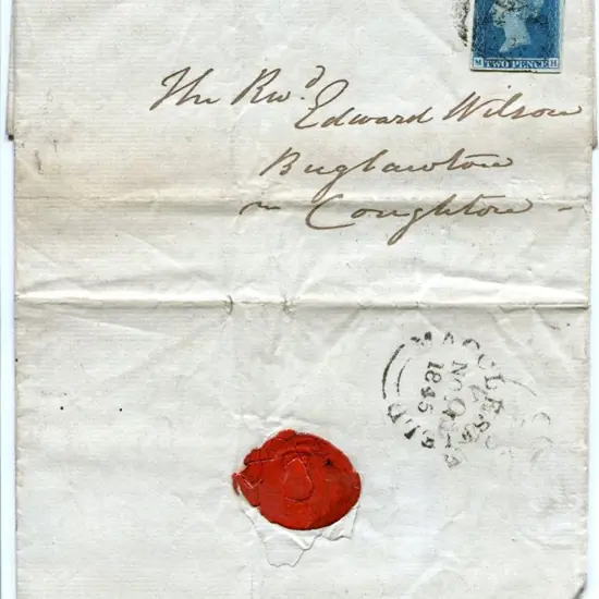 1845 (17th Nov) entire with 1841 2d blue (cut into ...