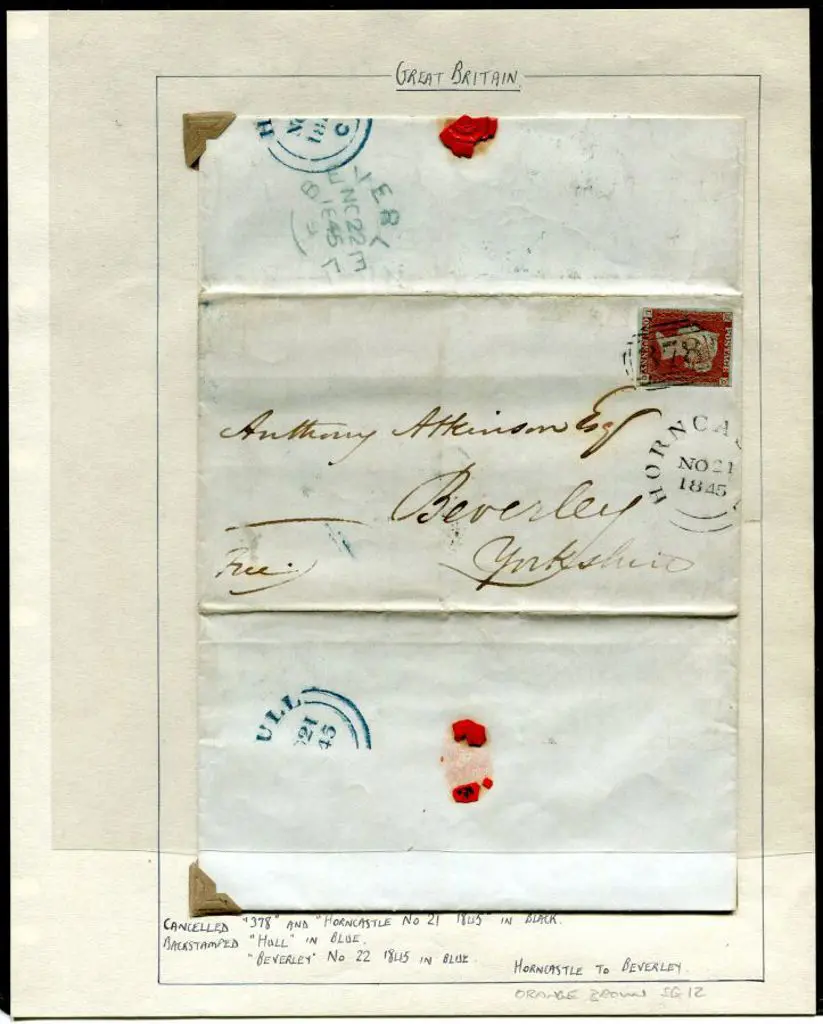 1845 (21st Nov) 1d orange-brown tied to entire by ... Image 1++