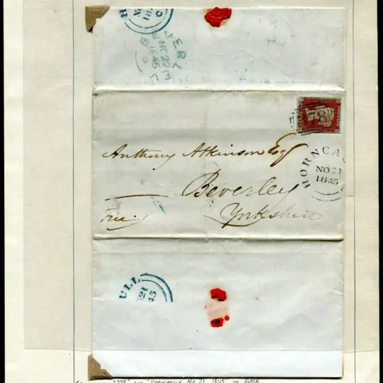 1845 (21st Nov) 1d orange-brown tied to entire by ...