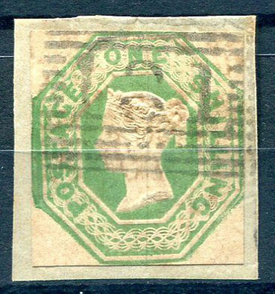 1847/54 1/- pale green embossed on piece. Cut ... Image 1++