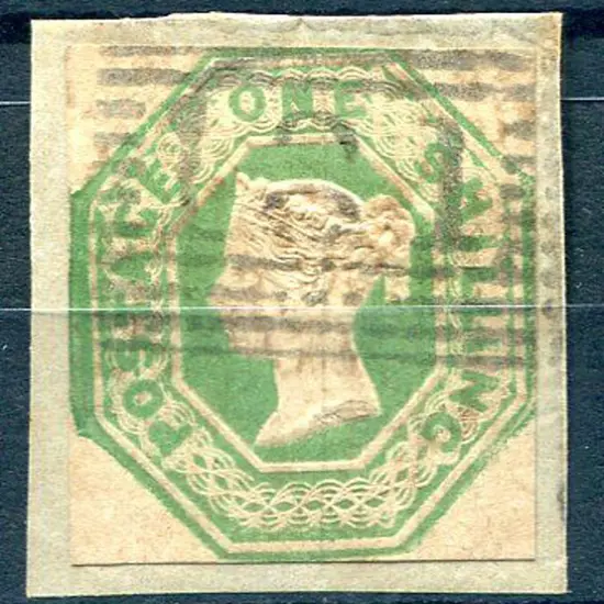 1847/54 1/- pale green embossed on piece. Cut ...