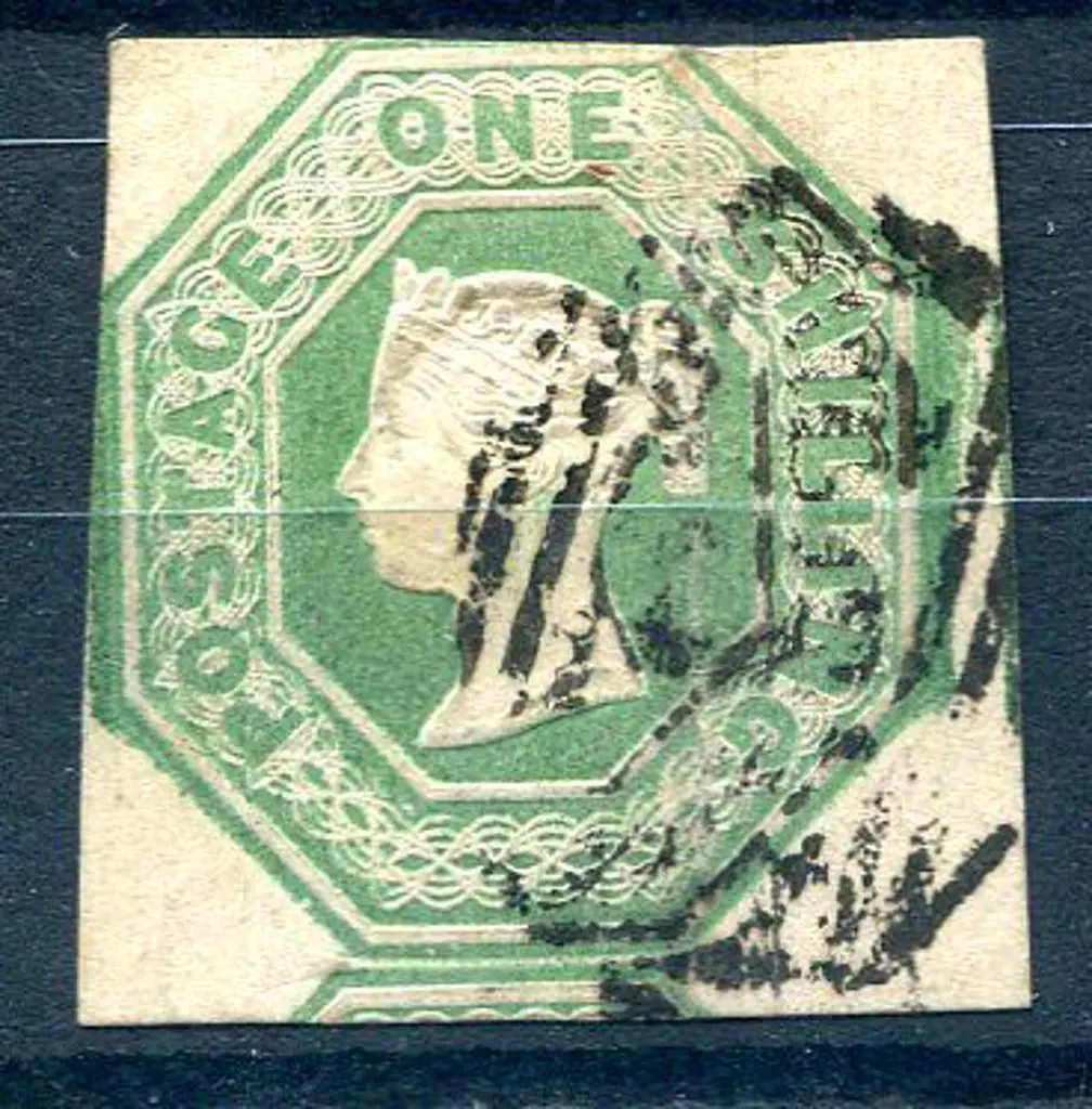 1847/54 1/- deep green embossed with indistinct BN ... Image 1++