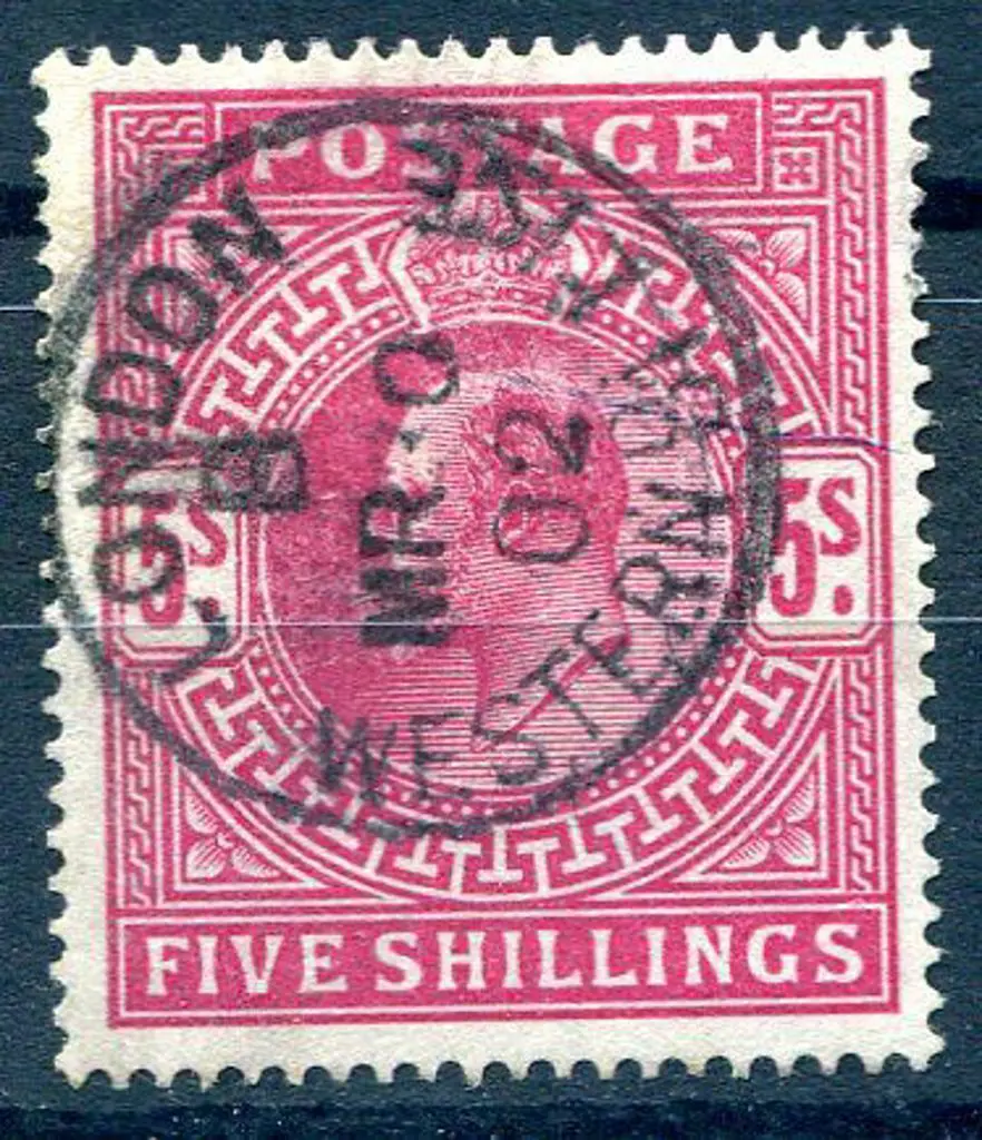 1902 5/- deep bright carmine KEVII. Superb used ... Image 1++