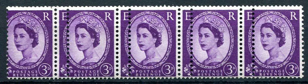 1959/65 3d deep lilac QEII horizontal strip of 5 ... Image 1++