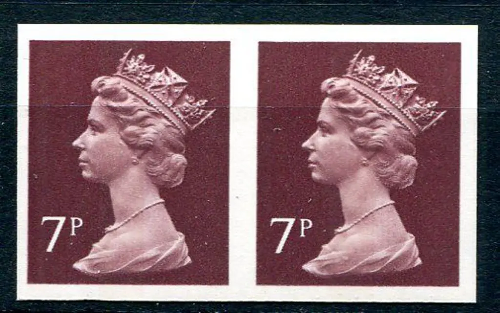 1977 7p purple-brown Machin imperforate pair. ... Image 1++