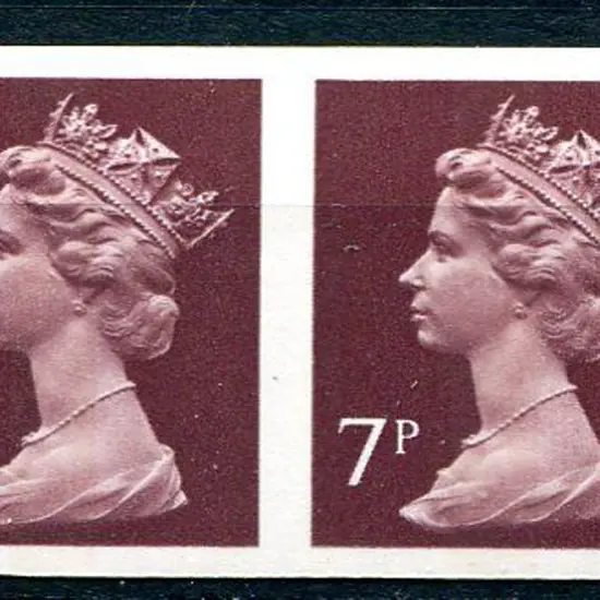 1977 7p purple-brown Machin imperforate pair. ...