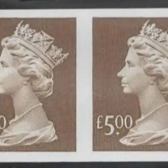 1999 £5 brown Machin imperforate horiz pair. Fine ...
