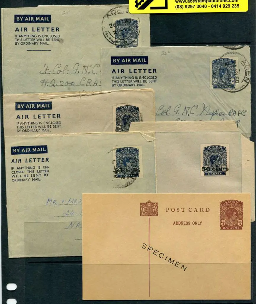 Aden 1950 ¾a KGVI postcard ovptd "SPECIMEN" plus ... Image 1++