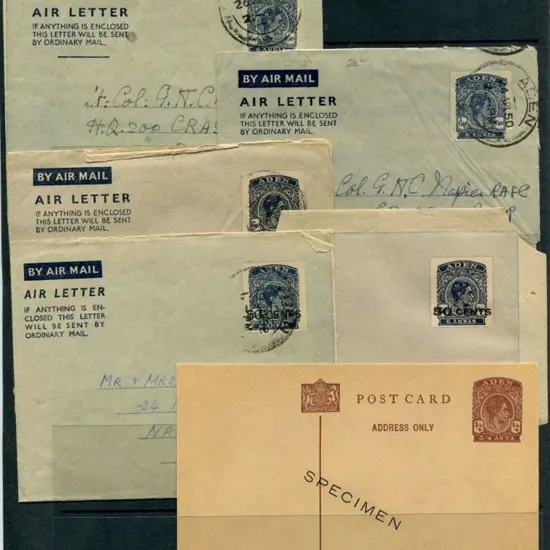 Aden 1950 ¾a KGVI postcard ovptd "SPECIMEN" plus ...