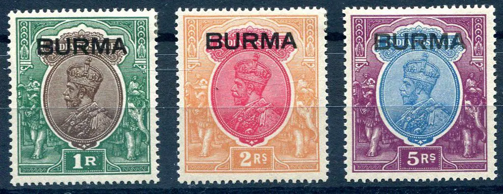 Burma 1937 1R, 2R, 5R ovpts on India KGV. MLH with ... Image 1++