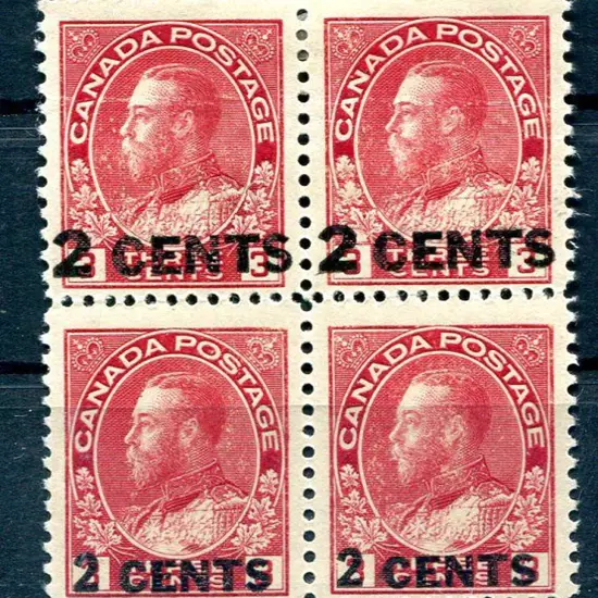 Canada 1926 2 CENTS on 3c carmine in MUH/MLH block ...