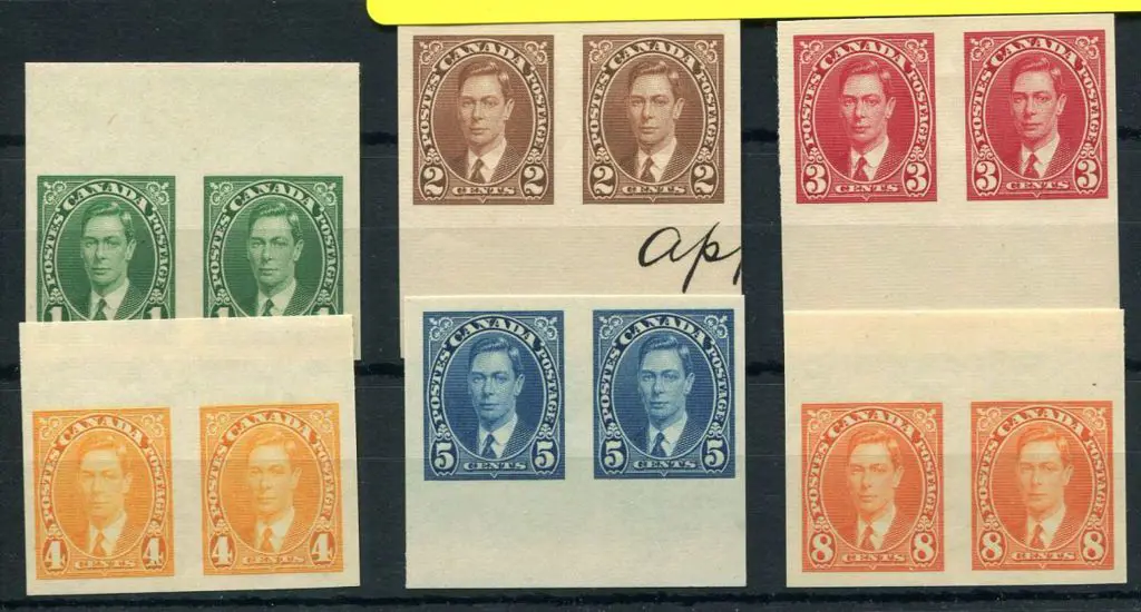 Canada 1937 1¢ to 8¢ marginal imperf pairs with ... Image 1++