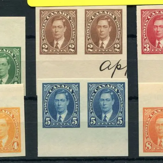 Canada 1937 1¢ to 8¢ marginal imperf pairs with ...
