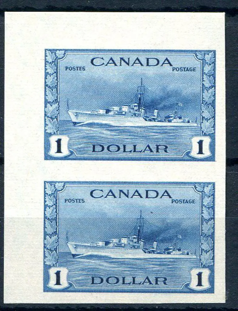 Canada 1942 $1 Destroyer marginal imperf pair. ... Image 1++