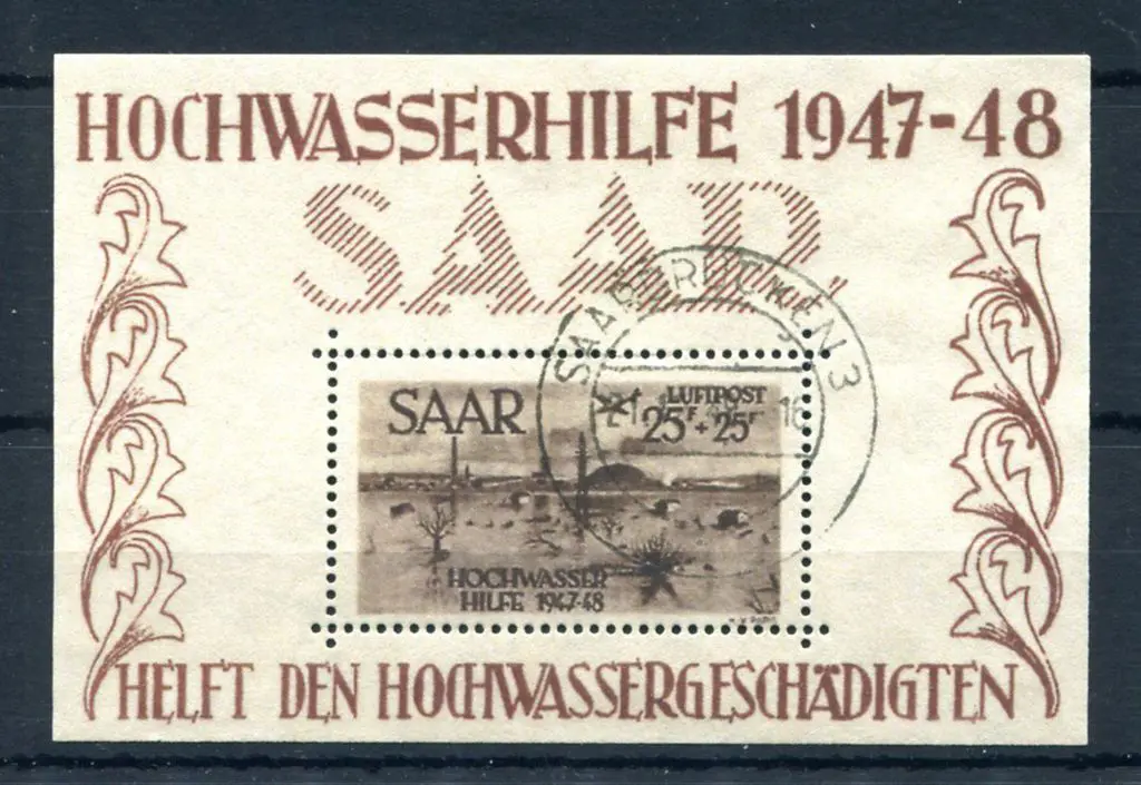 Germany-SAAR 1948 25f + 25f Flood Relief M/S with ... Image 1++