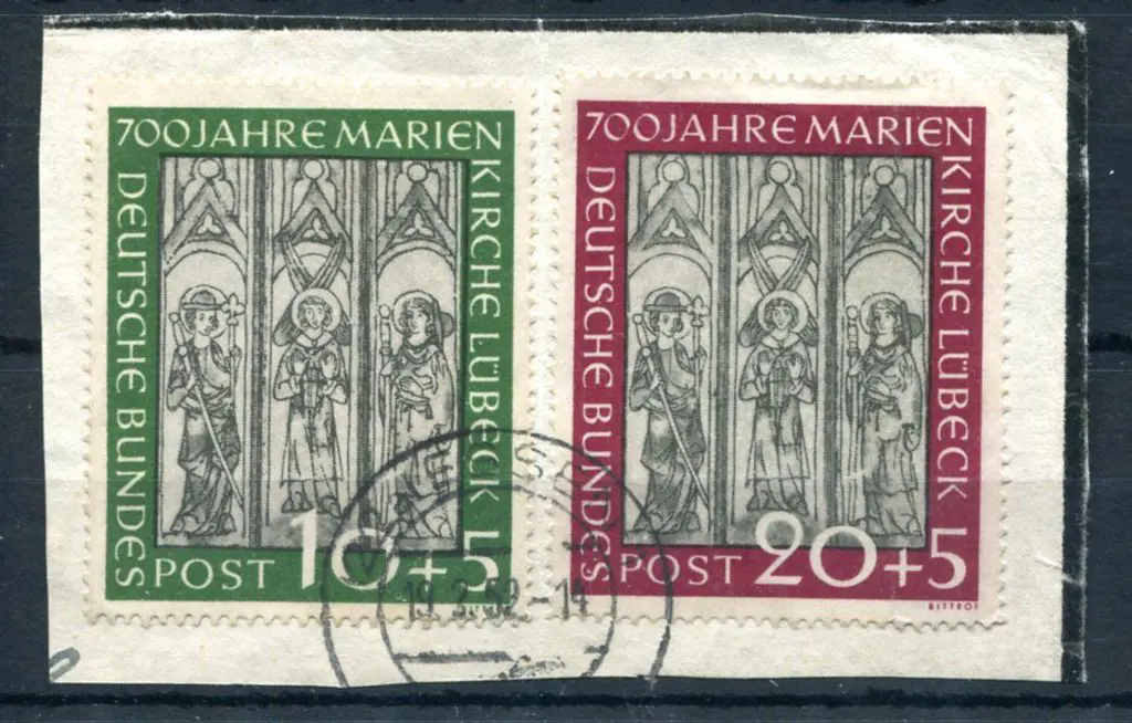 Germany-West 1951 Marienkirche pair on piece tied ... Image 1++