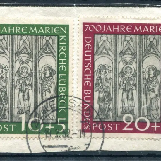 Germany-West 1951 Marienkirche pair on piece tied ...