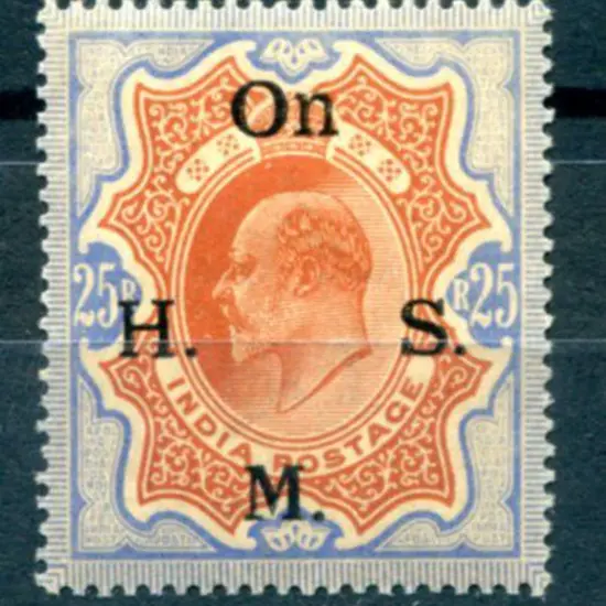 India 1909 25R KEVII ovptd "On H.M.S.". Evenly ...