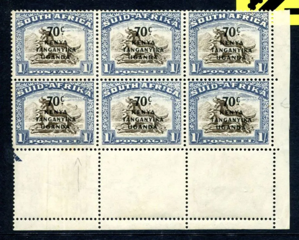 KUT 1941/2 70c on 1/- marginal block of 6 with ... Image 1++