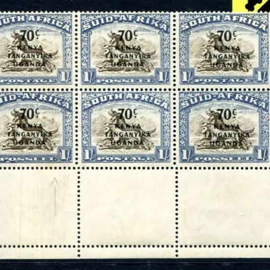 KUT 1941/2 70c on 1/- marginal block of 6 with ...