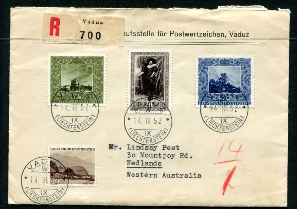 Liechtenstein 1952 (14th Mar) Vaduz Regd cover ... Image 1++