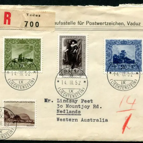 Liechtenstein 1952 (14th Mar) Vaduz Regd cover ...
