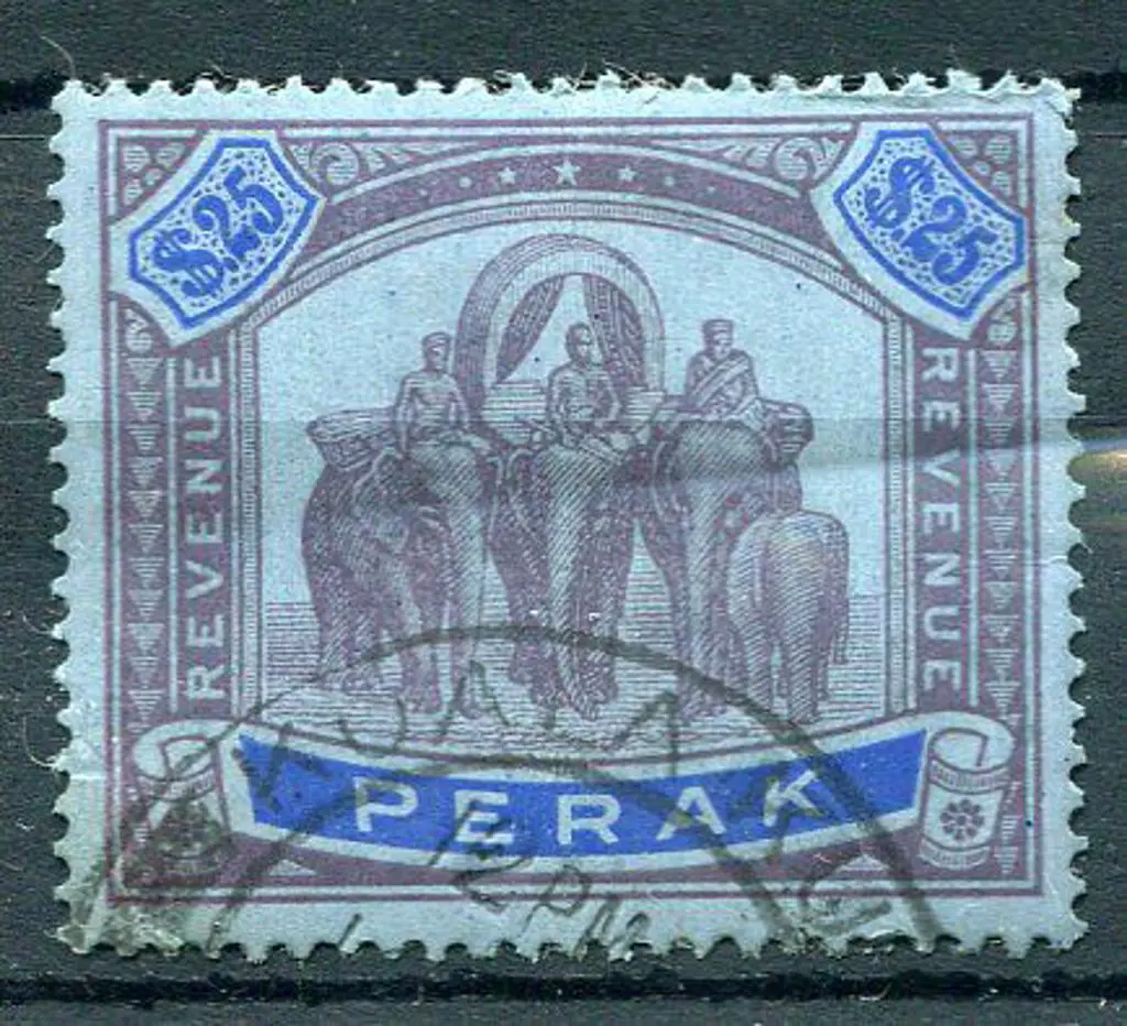Malaya-Perak 1936 $25 purple & blue on blue ... Image 1++