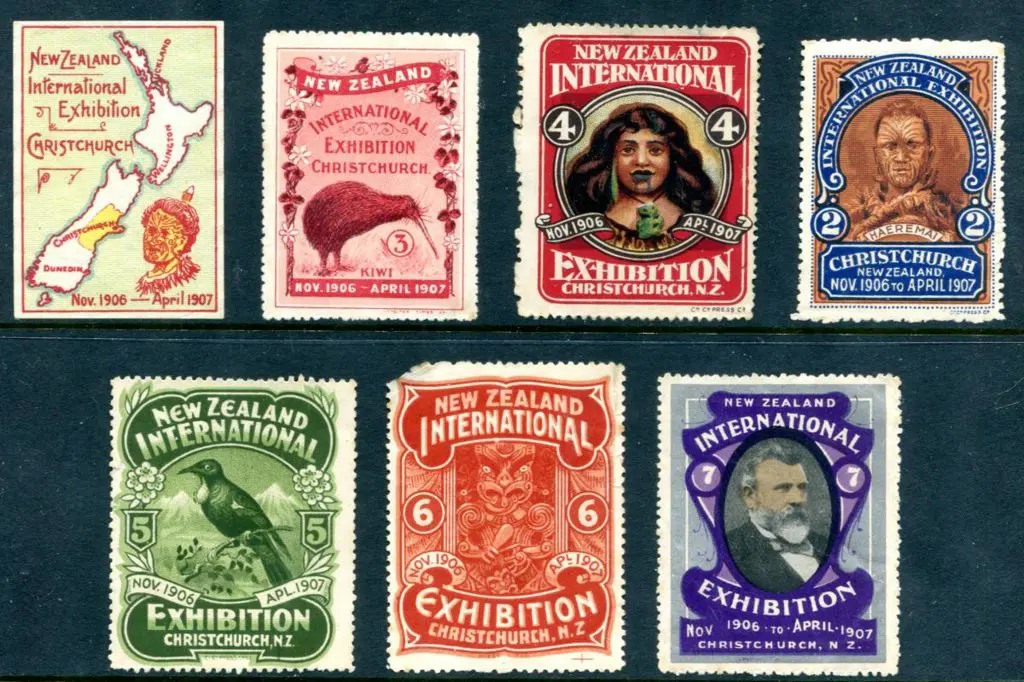 New Zealand 1906 Christchurch Exhibition labels ... Image 1++