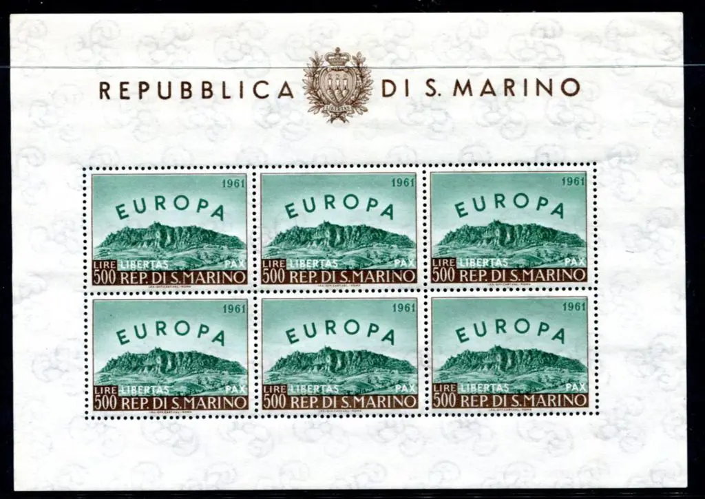 San Marino 1961 500L Europa sheetlet of 6. Odd ... Image 1++