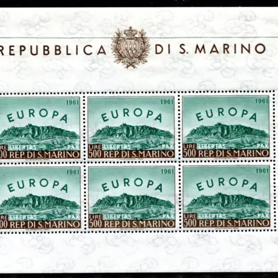 San Marino 1961 500L Europa sheetlet of 6. Odd ...