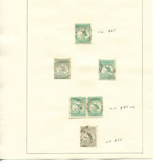 Kangaroos 1/- green/emerald range with 1st wmk x 7 ...
