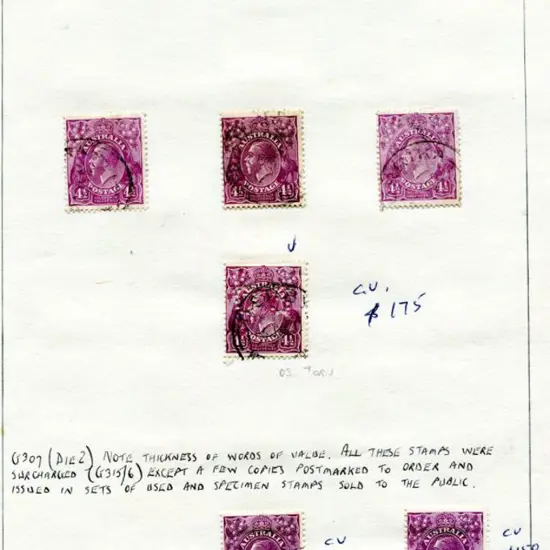 KGV 4½d x 22 examples on annotated pages incl a ...