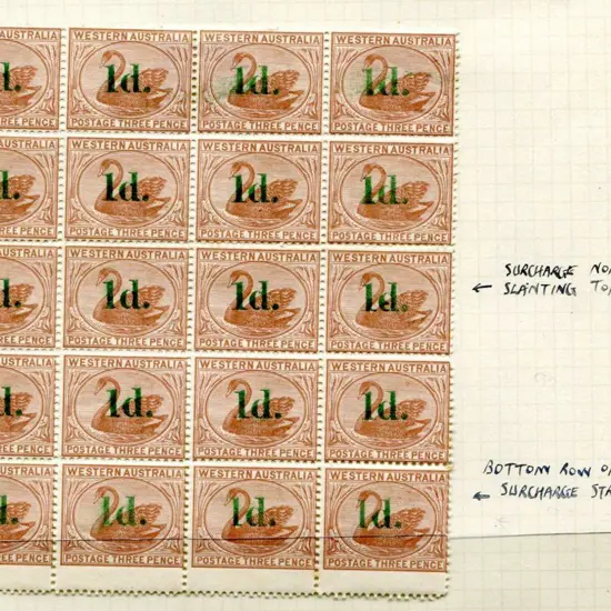 1885 "1d." surcharge in green on 3d cinnamon block ...