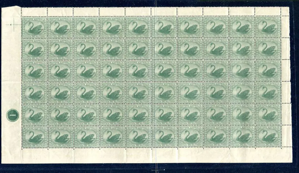 1885 ½d yellow-green swan complete lower pane of ... Image 1++