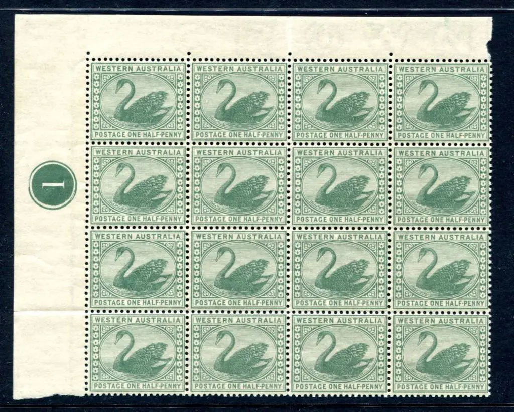 1885 ½d green swan in top left selvedge corner ... Image 1++