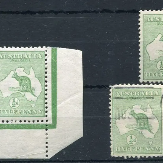 1913 1st wmk ½d green lower right marginal pair ...