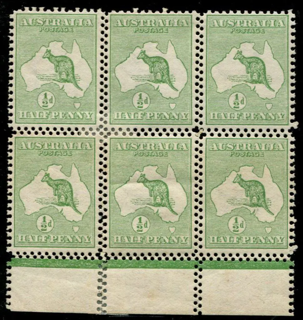 1913 1st wmk ½d green lower marginal block of 6 ... Image 1++