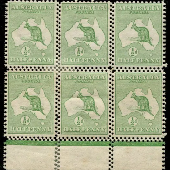 1913 1st wmk ½d green lower marginal block of 6 ...