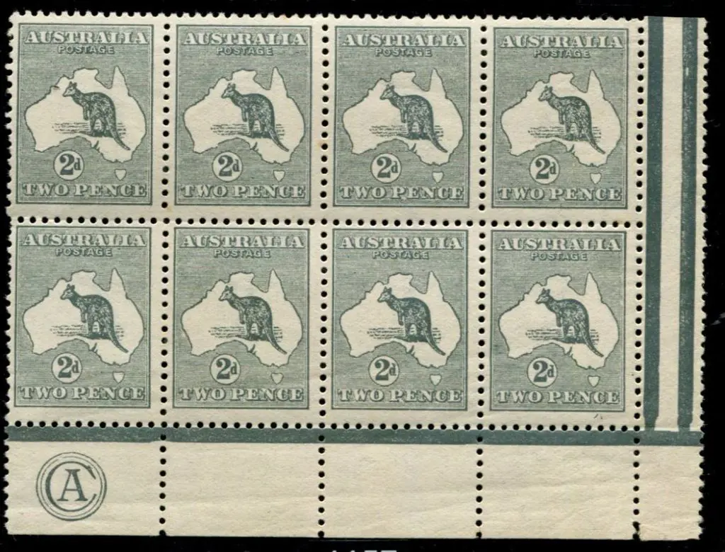 1913 1st wmk 2d grey CA monogram block of 8 from ... Image 1++