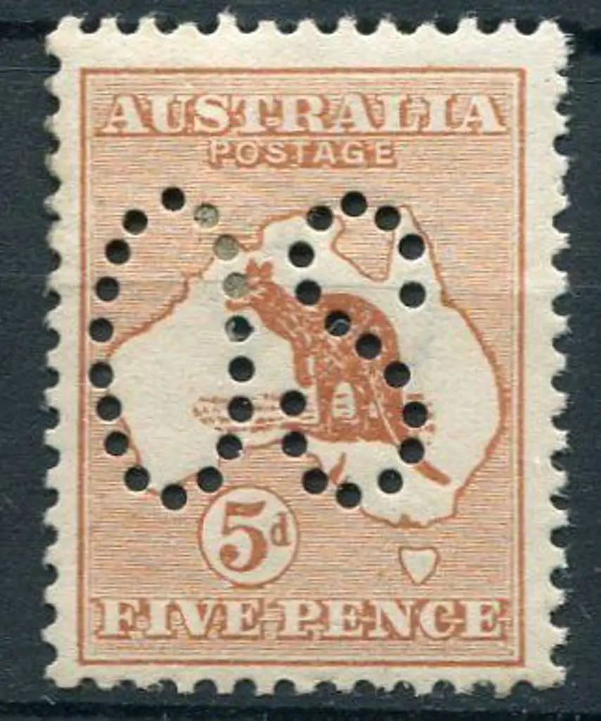 1913 1st wmk 5d chestnut perfined large "OS". MLH ... Image 1++